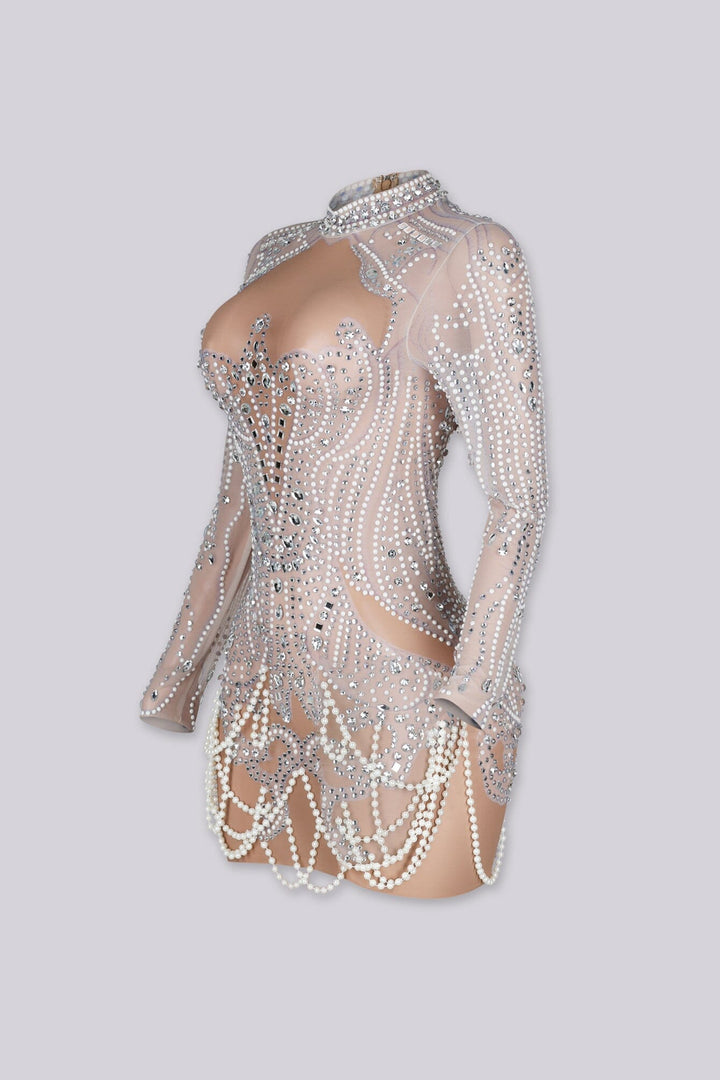 See Through Mesh Mini Dress With Pearl &amp; Rhinestone