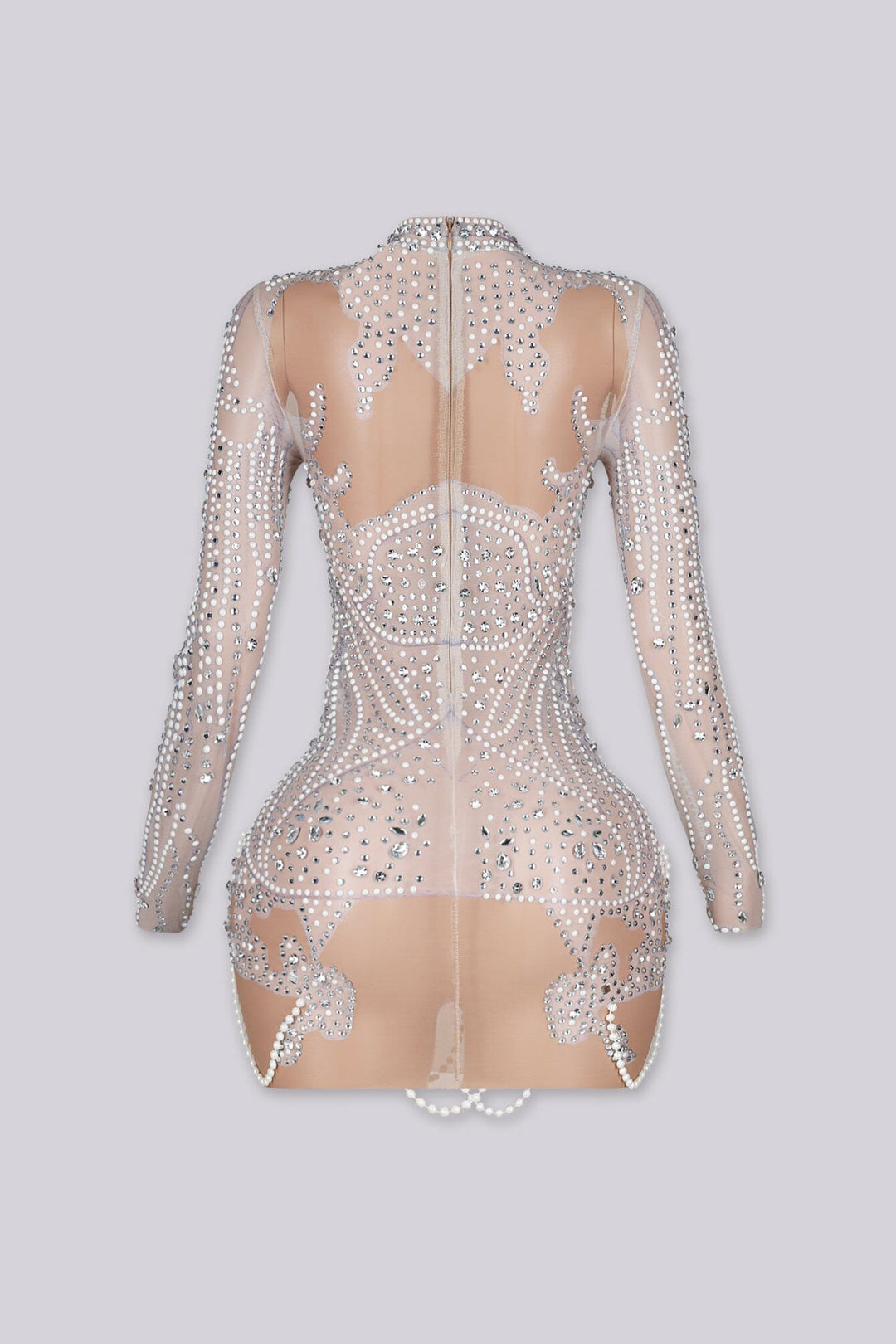 See Through Mesh Mini Dress With Pearl & Rhinestone – EDGE