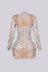 See Through Mesh Mini Dress With Pearl &amp; Rhinestone