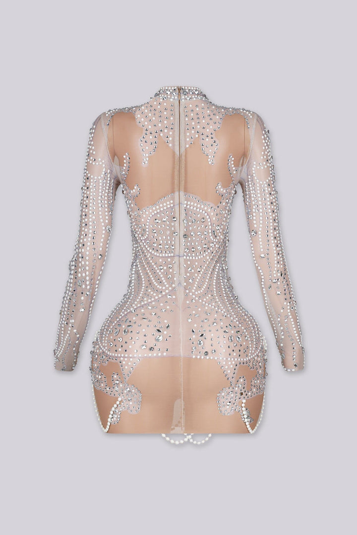 See Through Mesh Mini Dress With Pearl &amp; Rhinestone