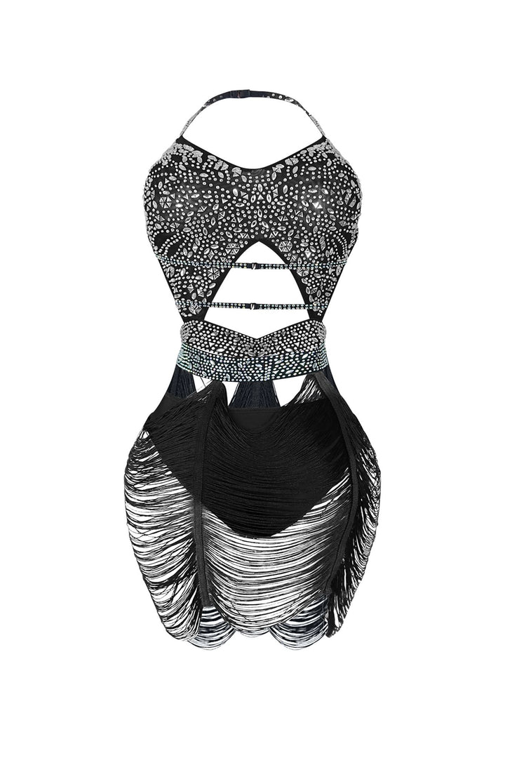 Shake It Draped Tassel Fringe Rhinestone Dress