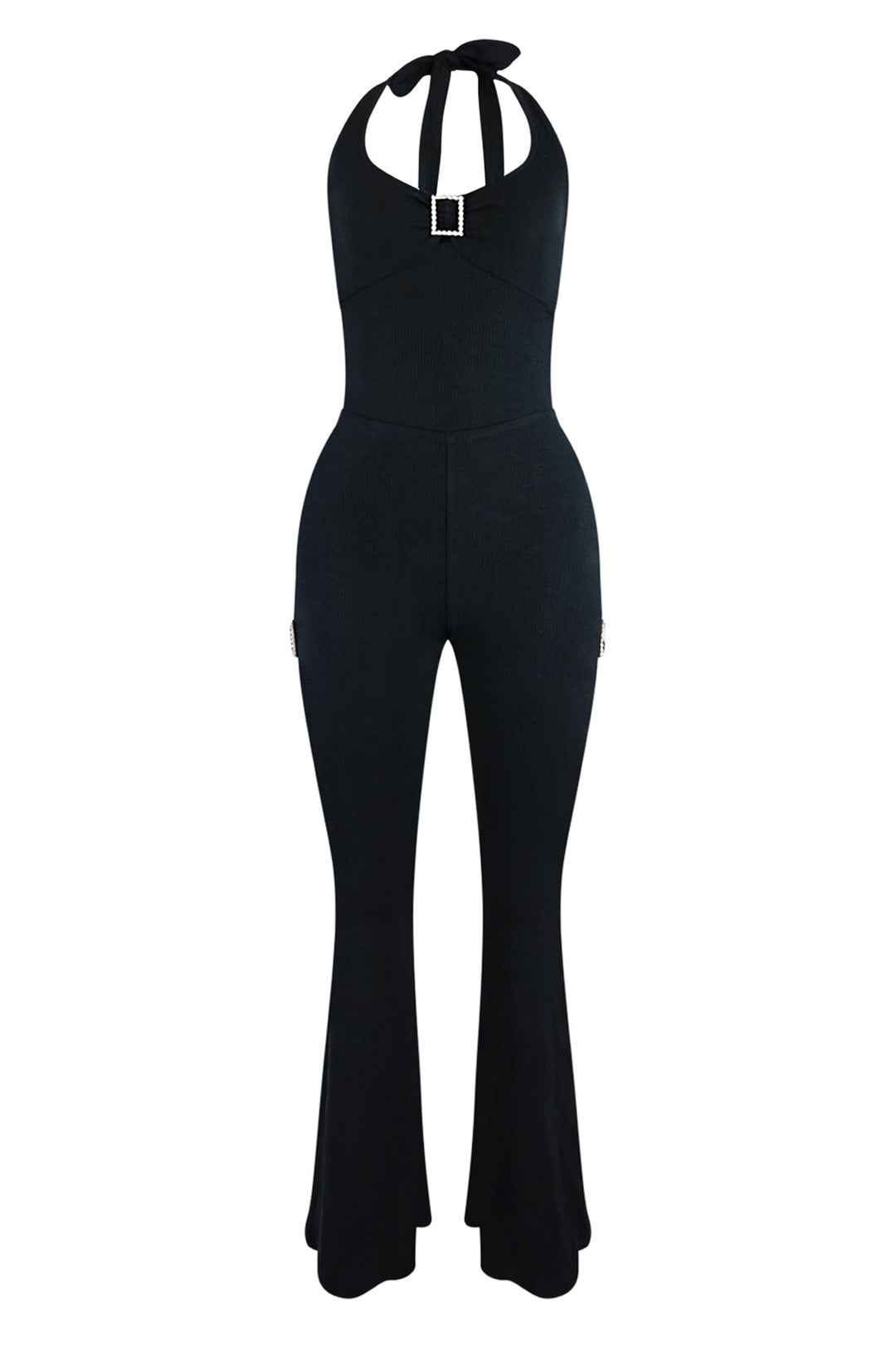 Casual Effect Halter Rhinestone Buckle Jumpsuit Rompers + Jumpsuits EDGE Small Black 