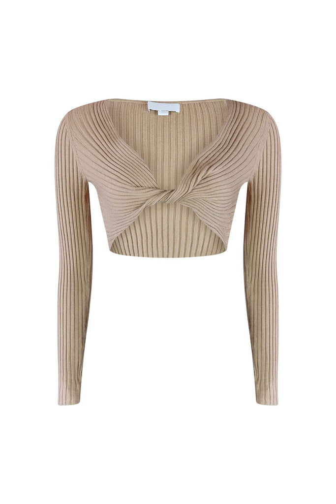 Taupe Less Knit Twist Top Crop Top EDGE Small Taupe 