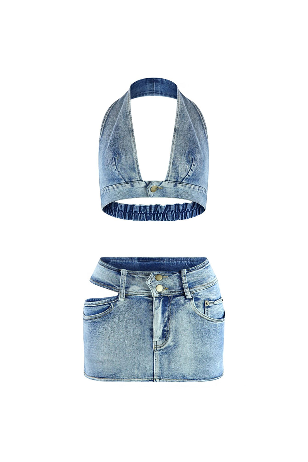 Hollaback Denim Halter Top &amp; Skirt SET matching sets EDGE Small Medium Acid 
