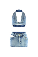 Hollaback Denim Halter Top &amp; Skirt SET matching sets EDGE Small Medium Acid 