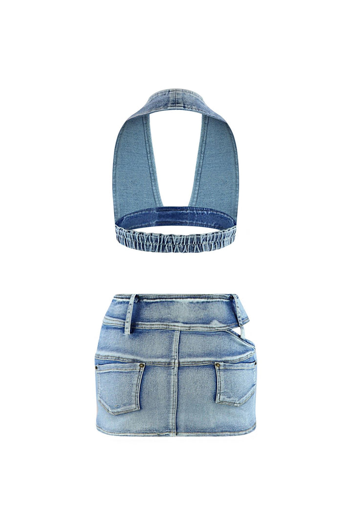 Hollaback Denim Halter Top &amp; Skirt SET matching sets EDGE 