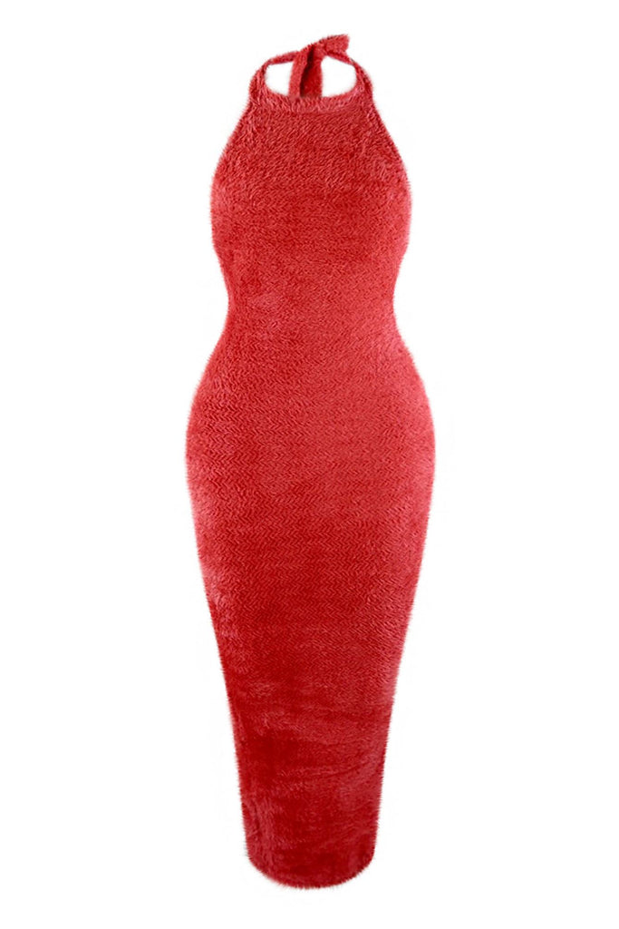 Hot Flame Fuzzy Knit Halter Tie dress Dresses EDGE Small Red 