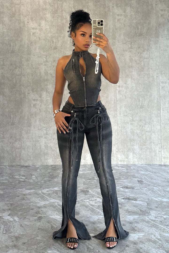 Free Fallin Vintage Denim Halter Top &amp; Pants SET