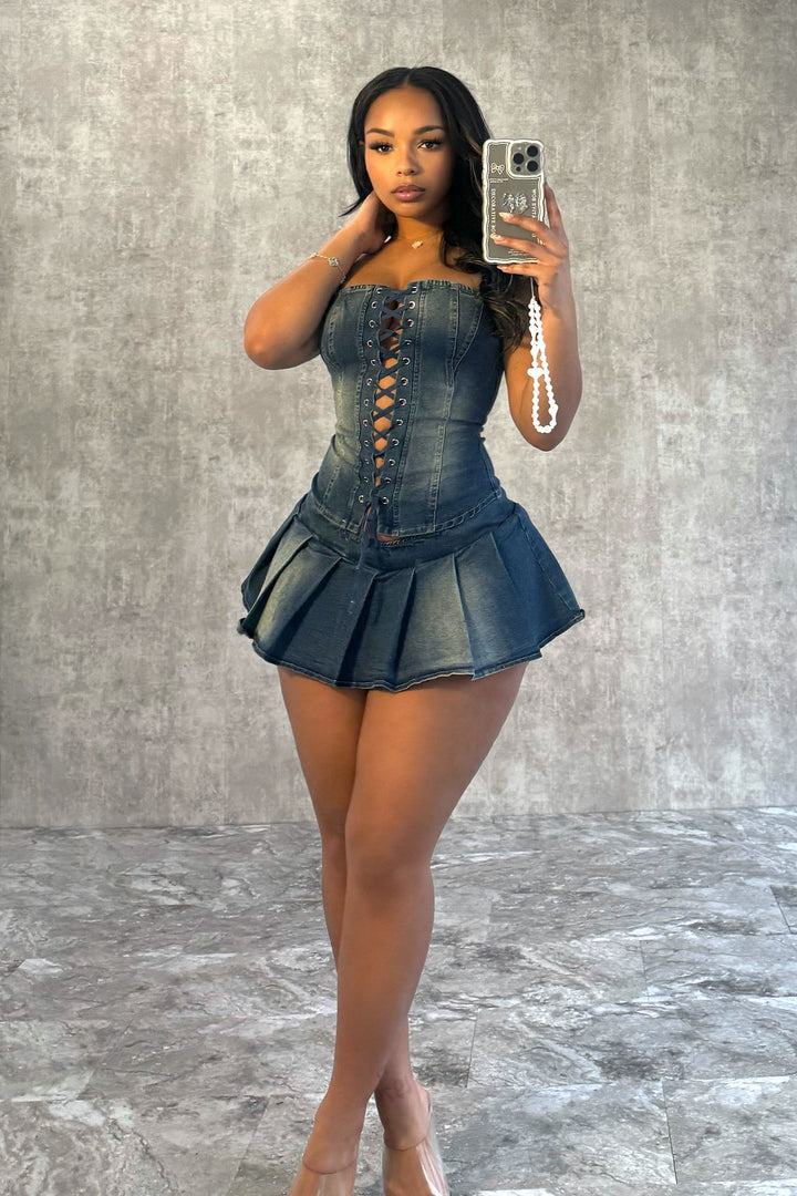 Muted Blue Denim Corset Top &amp; Skirt SET