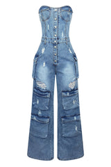 Gabri Cargo Washed Denim Jumpsuit
