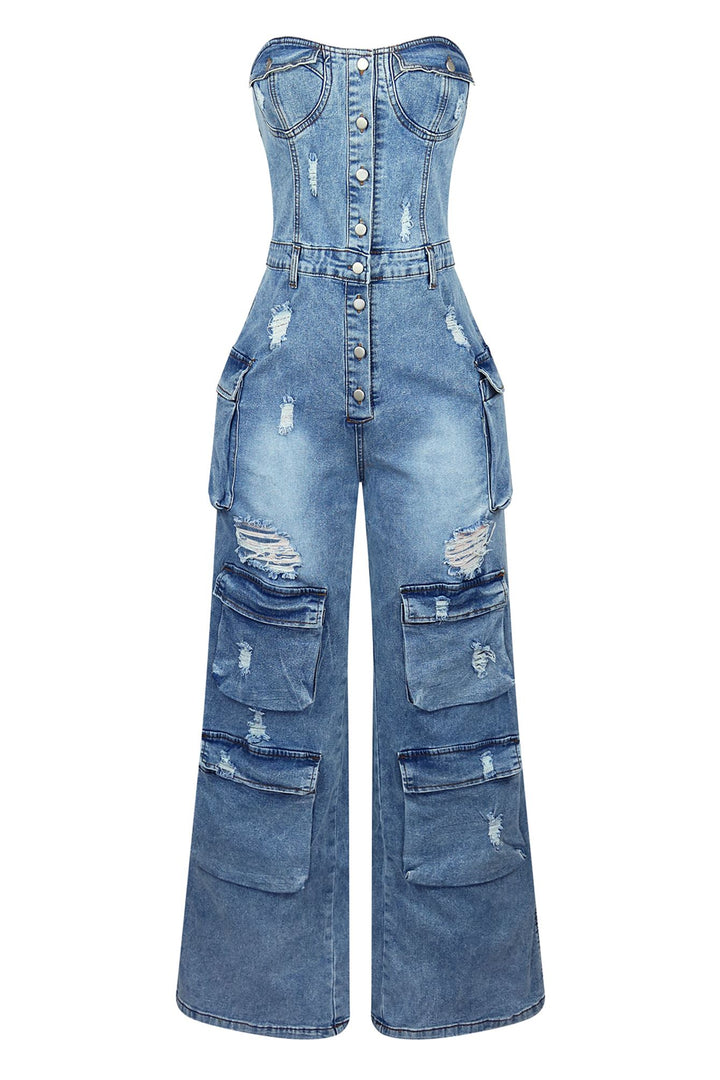 Gabri Cargo Washed Denim Jumpsuit