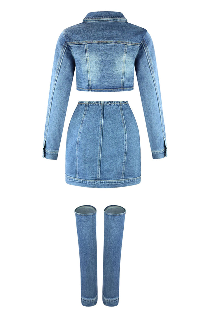 Whatever Patch Denim Jacket &amp; Skirt Leg Warmers SET
