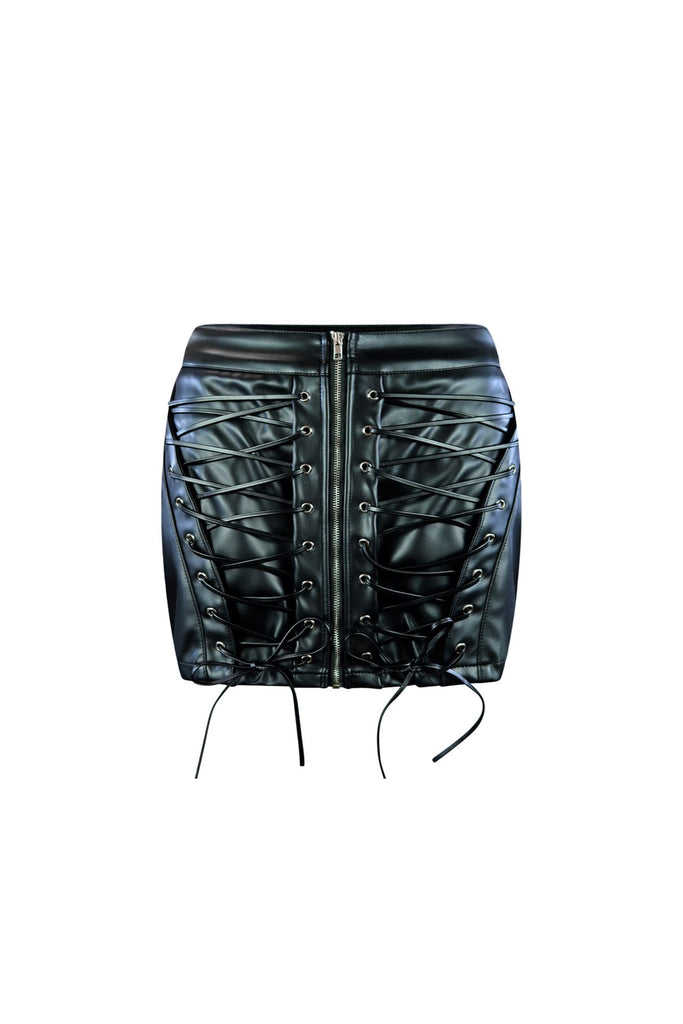 Breaking Off Lace Up Vegan Leather Mini Skirt SKIRT EDGE Small Black 