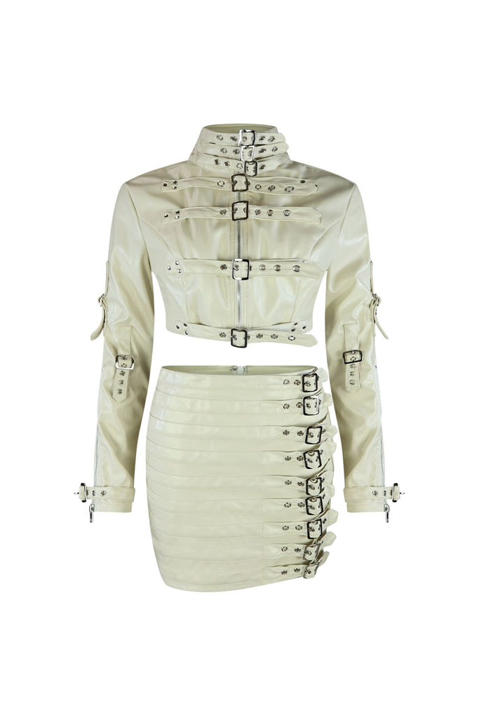 Show Off Buckled Belted Jacket & Skirt Set Outerwear EDGE Small Cream 