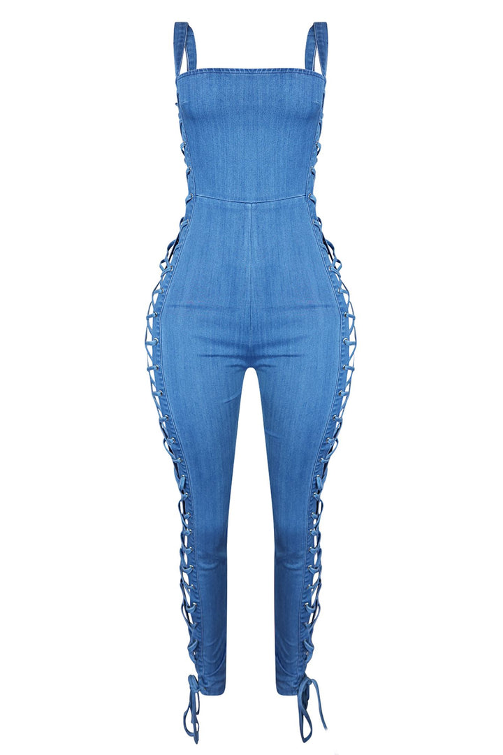 Take You Lace Up Denim Jumpsuit