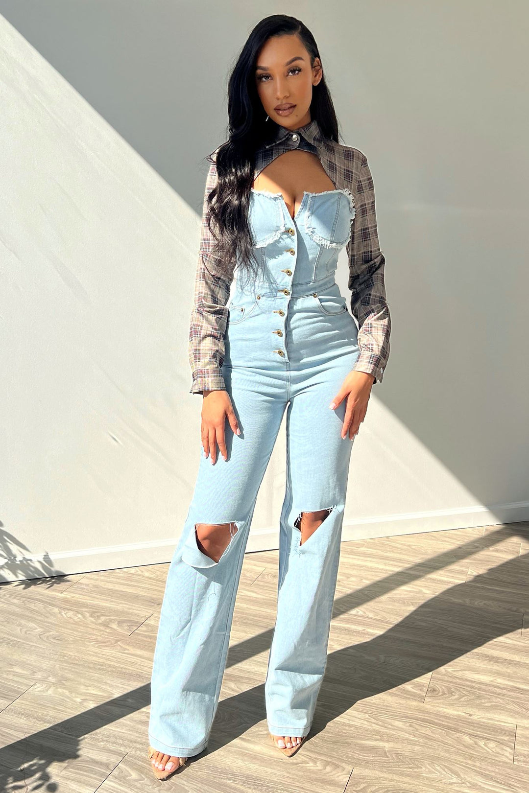 Giddy Up Plaid Shirt Denim Jumpsuit Rompers + Jumpsuits EDGE Small 