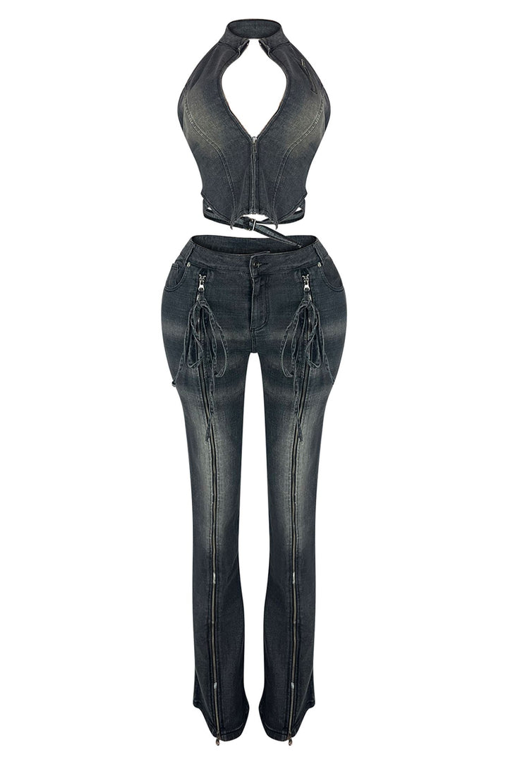 Free Fallin Vintage Denim Halter Top &amp; Pants SET