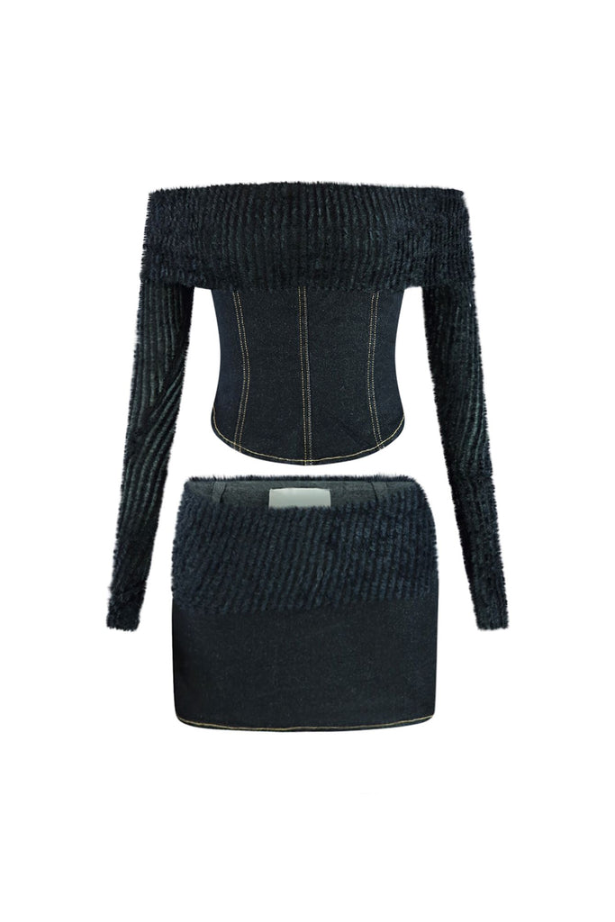 Lizzy Denim Fuzzy Knit Top & Skirt SET matching sets EDGE Small Black 