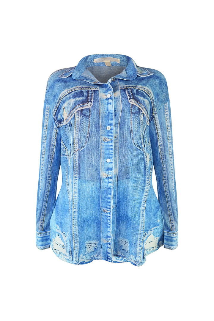All In Denim Printed Shirt &amp; Shorts SET