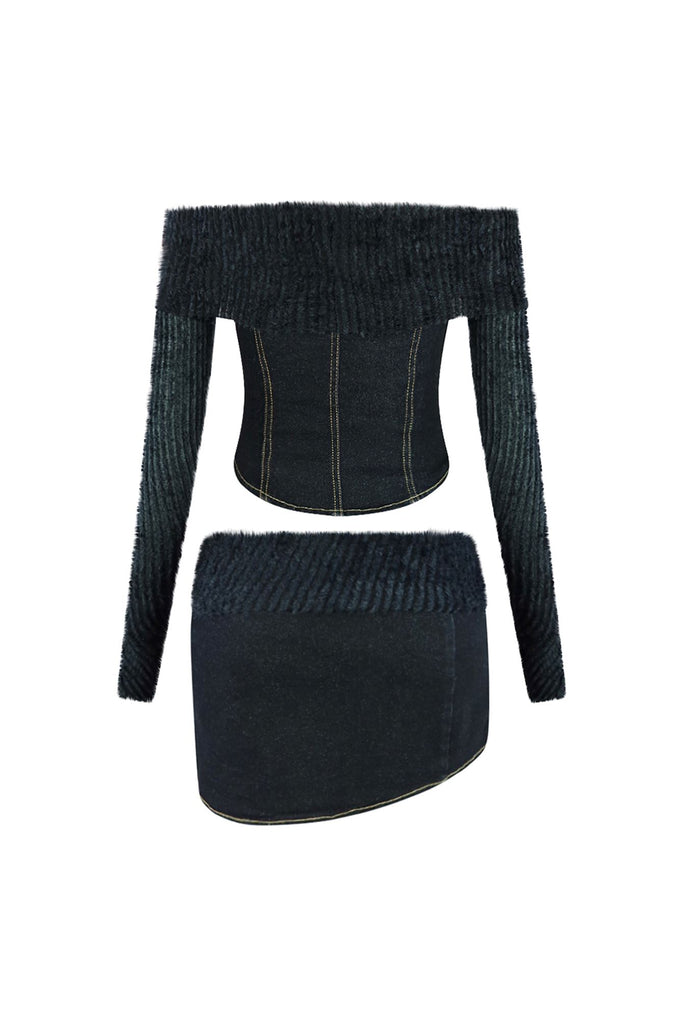 Lizzy Denim Fuzzy Knit Top & Skirt SET matching sets EDGE 