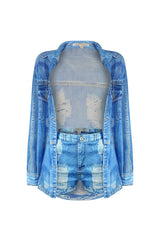 All In Denim Printed Shirt &amp; Shorts SET