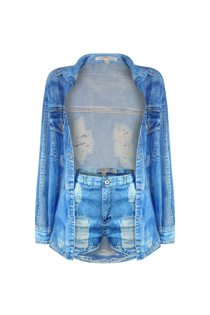 All In Denim Printed Shirt &amp; Shorts SET