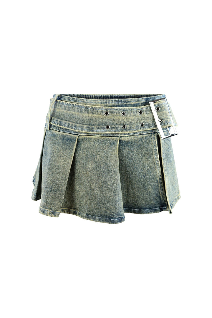 Big City Denim Pleated Mini Skirt With Belt SKIRT EDGE Small Denim 