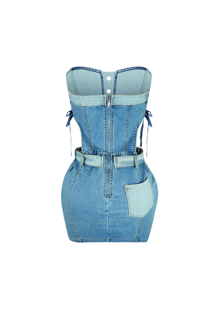 Tension Denim Color Block Strapless Dress