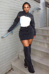 Stud Denim Jacket &amp; Skirt Leg Warmers SET