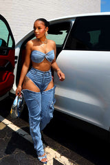 Boss Babe Denim Tube Top &amp; Cut Out Pants SET