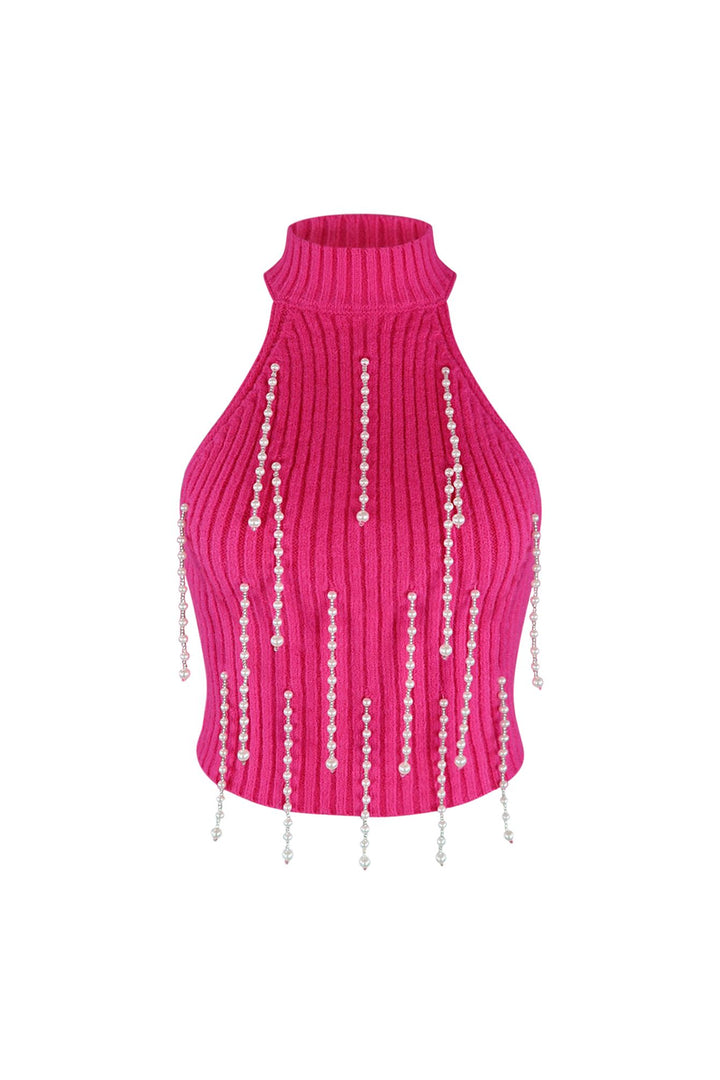 Pearlfect Halter Fuzzy Knit Top Crop Top EDGE Small Barbie Pink 