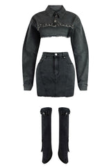 Stud Denim Jacket &amp; Skirt Leg Warmers SET