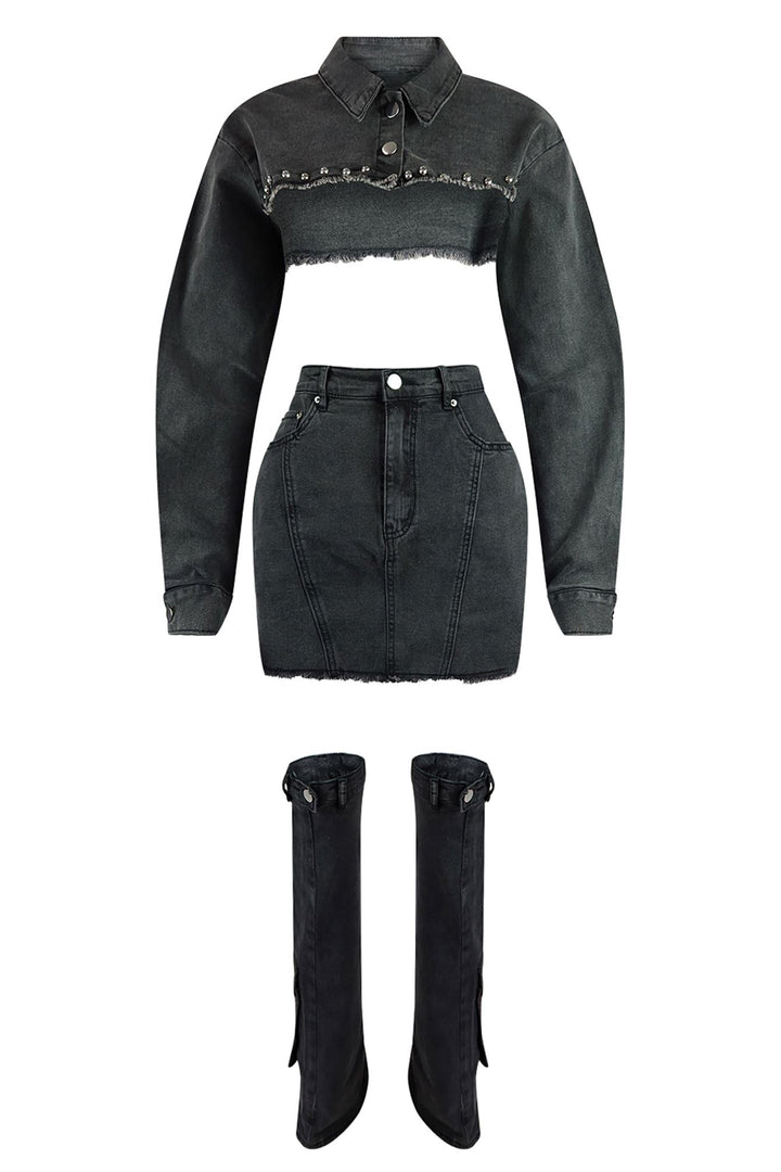Stud Denim Jacket &amp; Skirt Leg Warmers SET