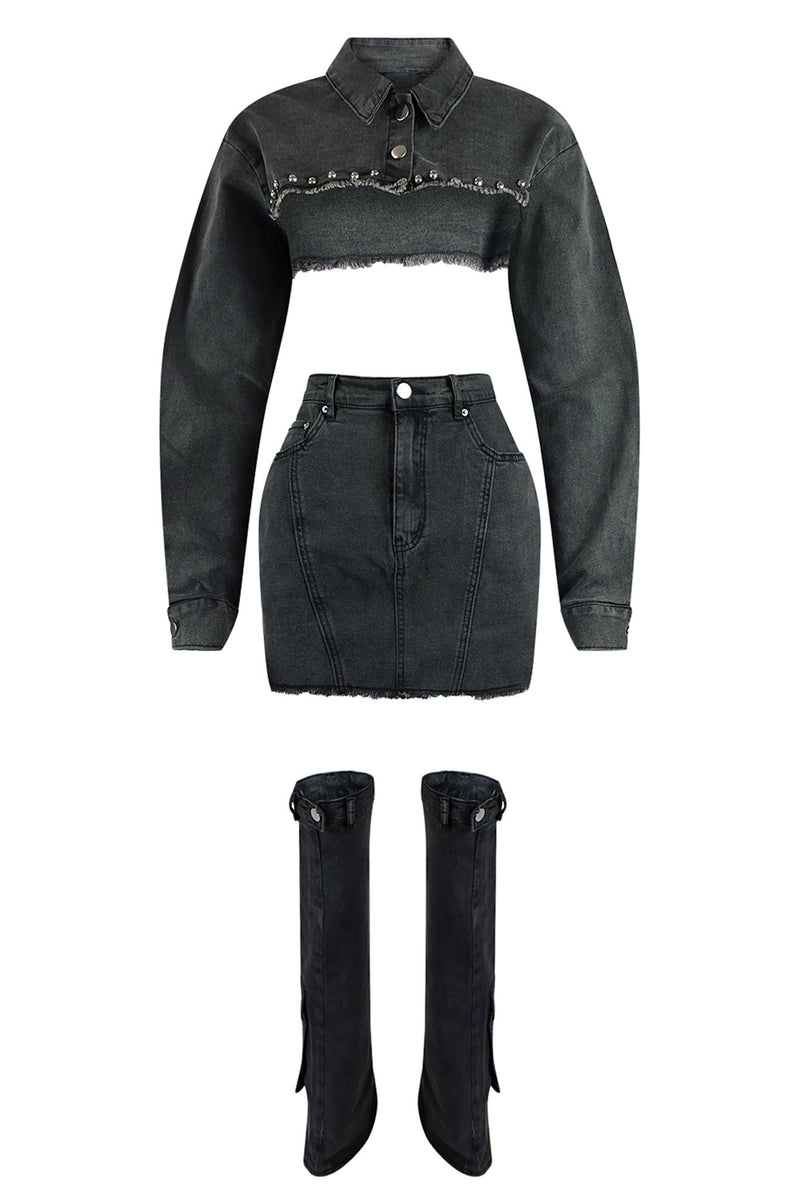 Stud Denim Jacket & Skirt Leg Warmers SET EDGE