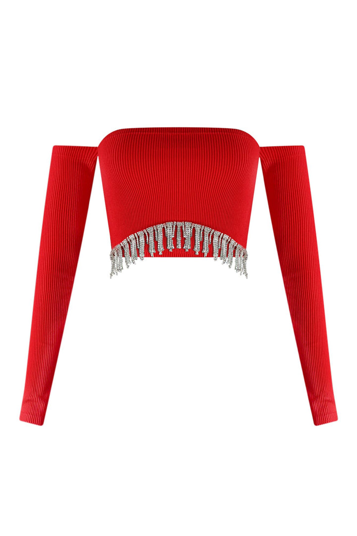 Divas Dancing Rhinestone Fringe Crop Top Crop Top EDGE Small/Medium Red 