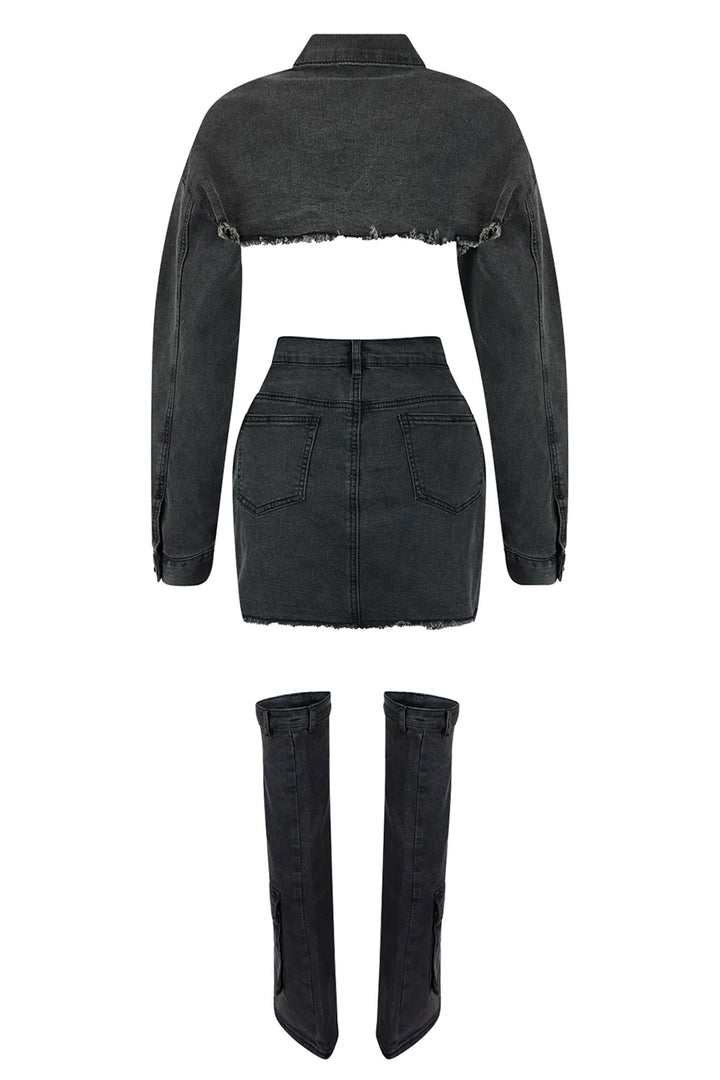 Stud Denim Jacket &amp; Skirt Leg Warmers SET