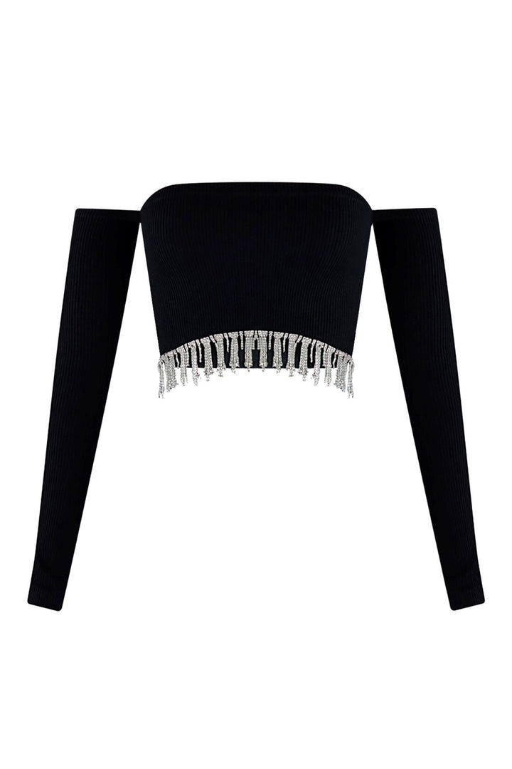 Divas Dancing Rhinestone Fringe Crop Top Crop Top EDGE Small/Medium Black 