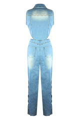 Snap It Out Wide Leg Denim Jumpsuit