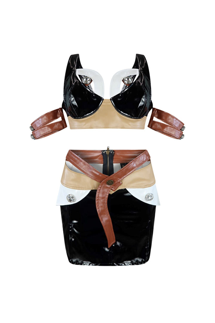Brown Sugar Latex Top &amp; Skirt SET matching sets EDGE Small Brown/Black 