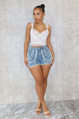 Mona Pearl &amp; Chain Denim Shorts