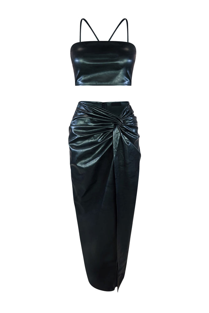 Kalinda Faux Leather Top & Midi Skirt Set matching sets EDGE Small Black 