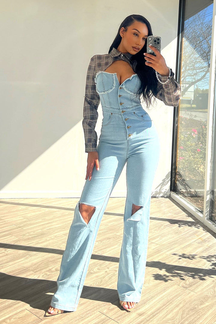 Giddy Up Plaid Shirt Denim Jumpsuit Rompers + Jumpsuits EDGE Small Denim 