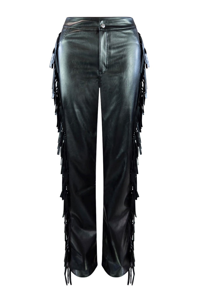 Outlaw Faux Leather Fringe Straight Leg Pants Bottoms EDGE Small Black 