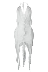 Call On Me Mesh Halter Tie Ruffle Dress