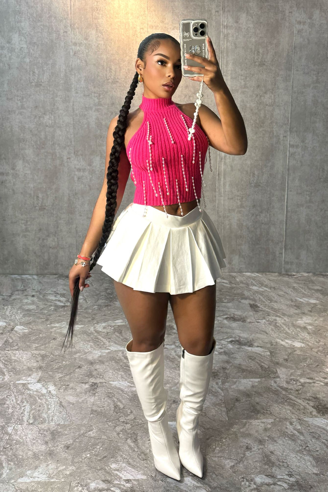 Pearlfect Halter Fuzzy Knit Top Crop Top EDGE 