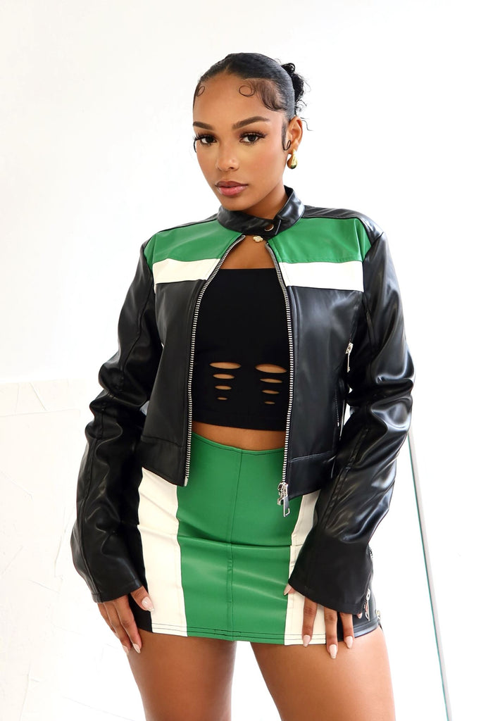 Green With Envy Vegan Leather Jacket Outerwear EDGE Small Green Combo 