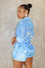 All In Denim Printed Shirt &amp; Shorts SET