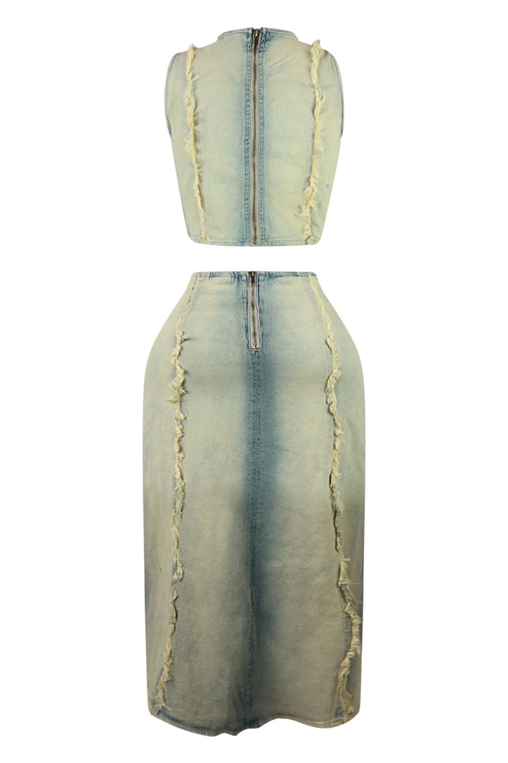Hush Up Washed Distressed Top &amp; Skirt SET