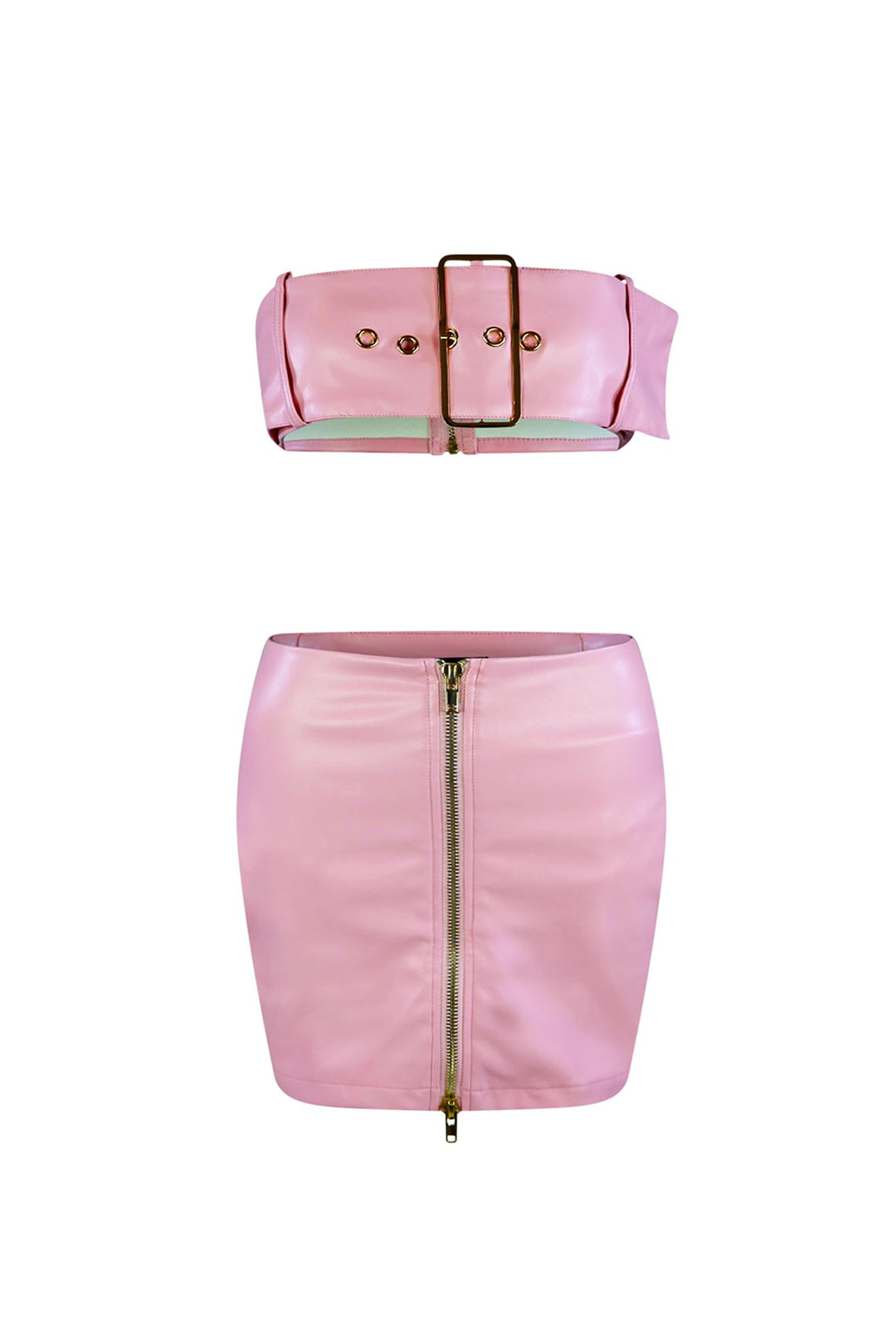 Angel Pink PU Belted Top &amp; Skirt SET