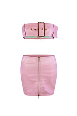 Angel Pink PU Belted Top &amp; Skirt SET